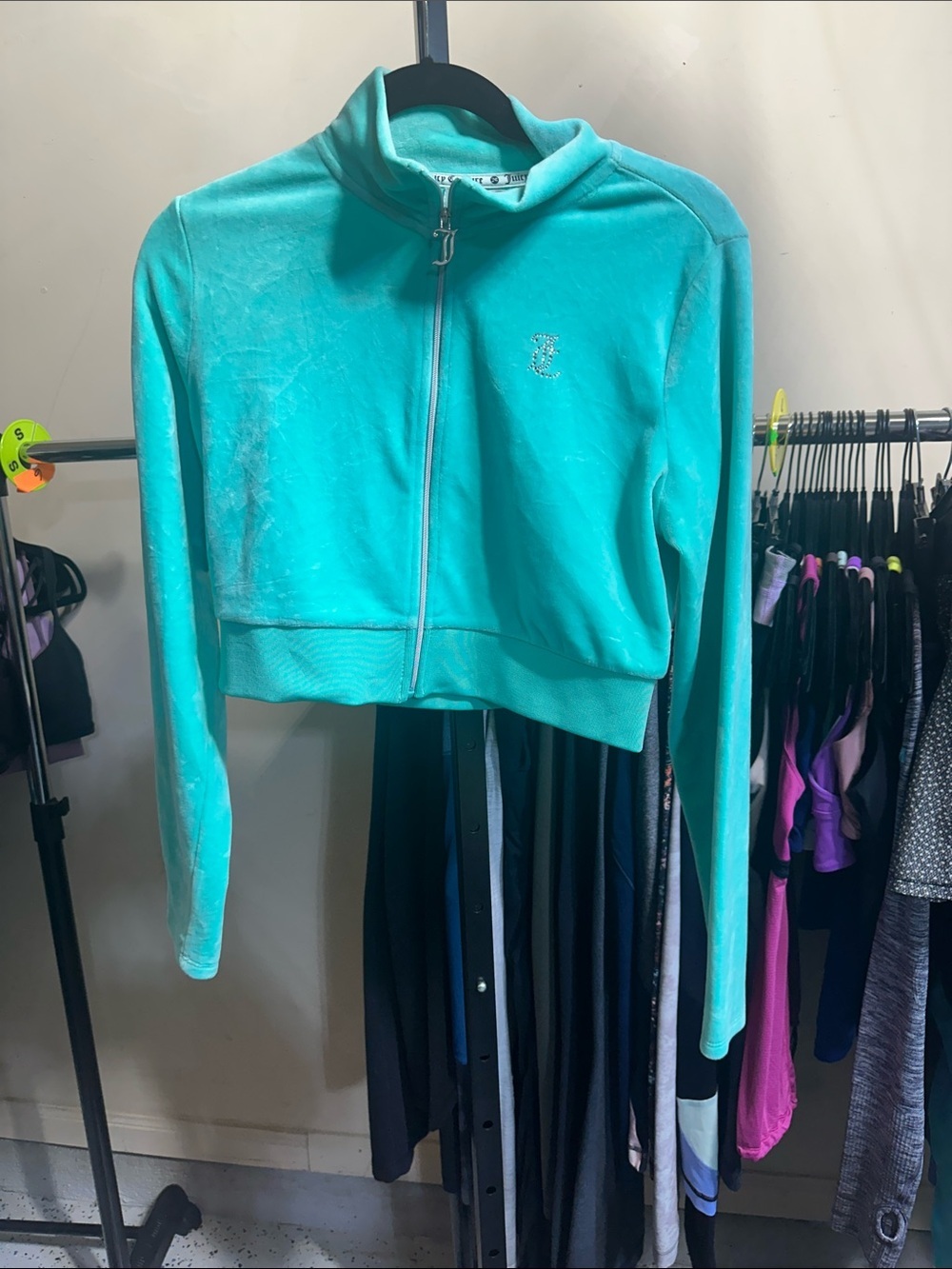 Juicy Couture Teal Cropped Velour Bomber Jacket